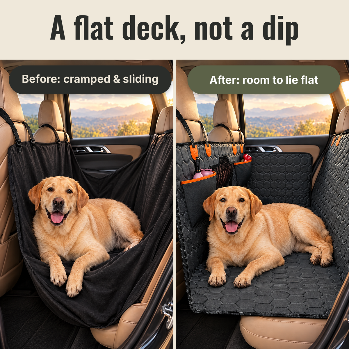Before: big dog cramped and sliding toward the footwell. After: room to lie down on a flat deck.