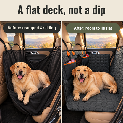Before: big dog cramped and sliding toward the footwell. After: room to lie down on a flat deck.