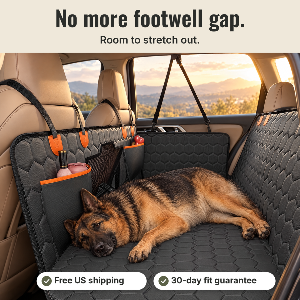 Big dog lying flat on the Big Lug hard-bottom back seat extender in an SUV, no footwell gap.