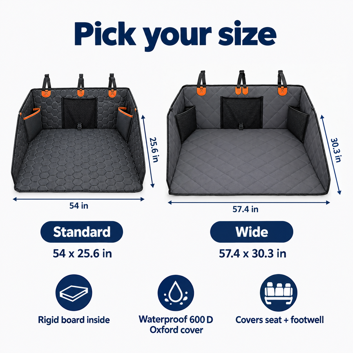 Two sizes: Standard 54 in wide by 25.6 in deep (black), Wide 57.4 in wide by 30.3 in deep (grey). Measure door to door.