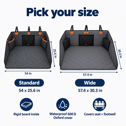 Two sizes: Standard 54 in wide by 25.6 in deep (black), Wide 57.4 in wide by 30.3 in deep (grey). Measure door to door.