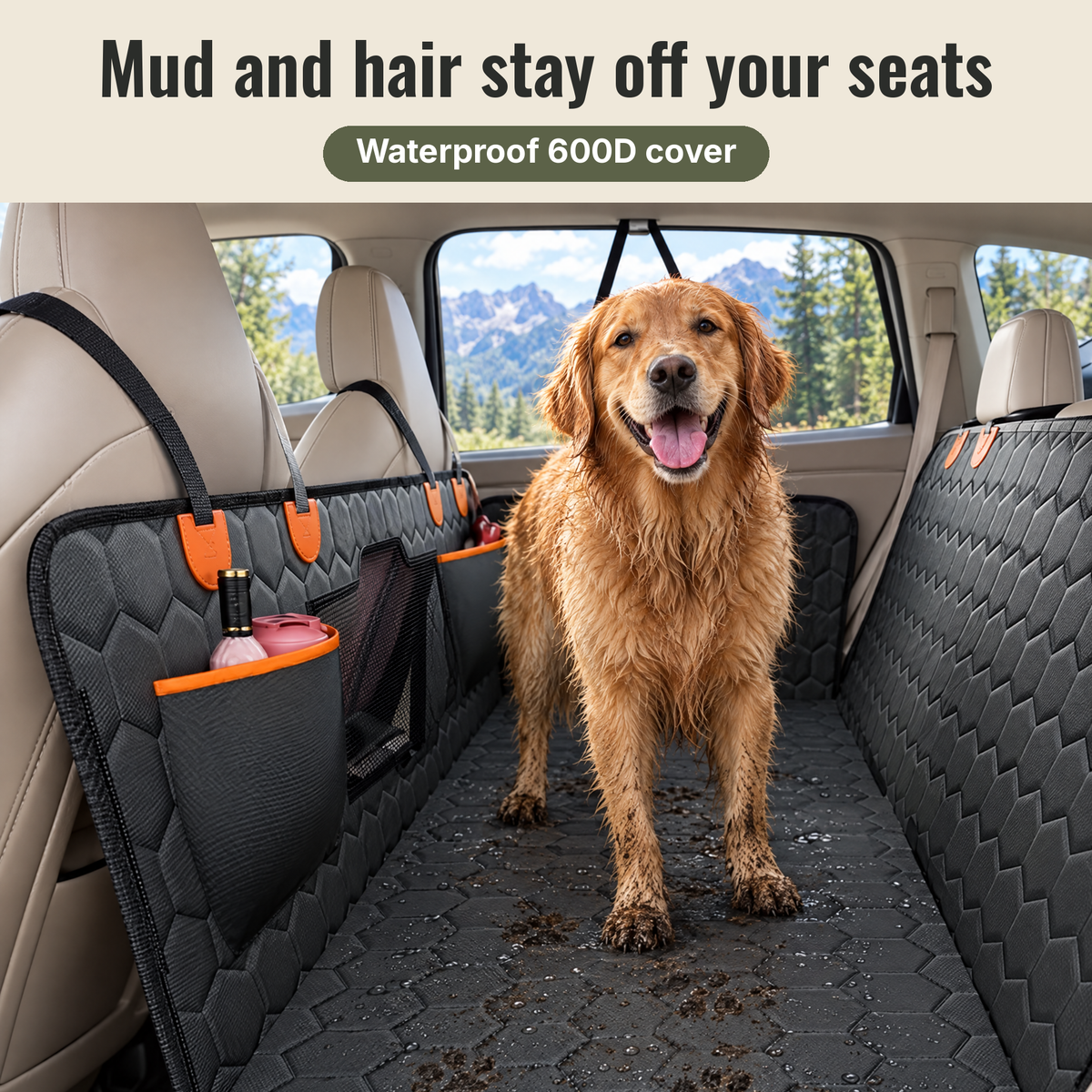 Muddy paw prints on the waterproof 600D cover, keeping mud and hair off the seats.