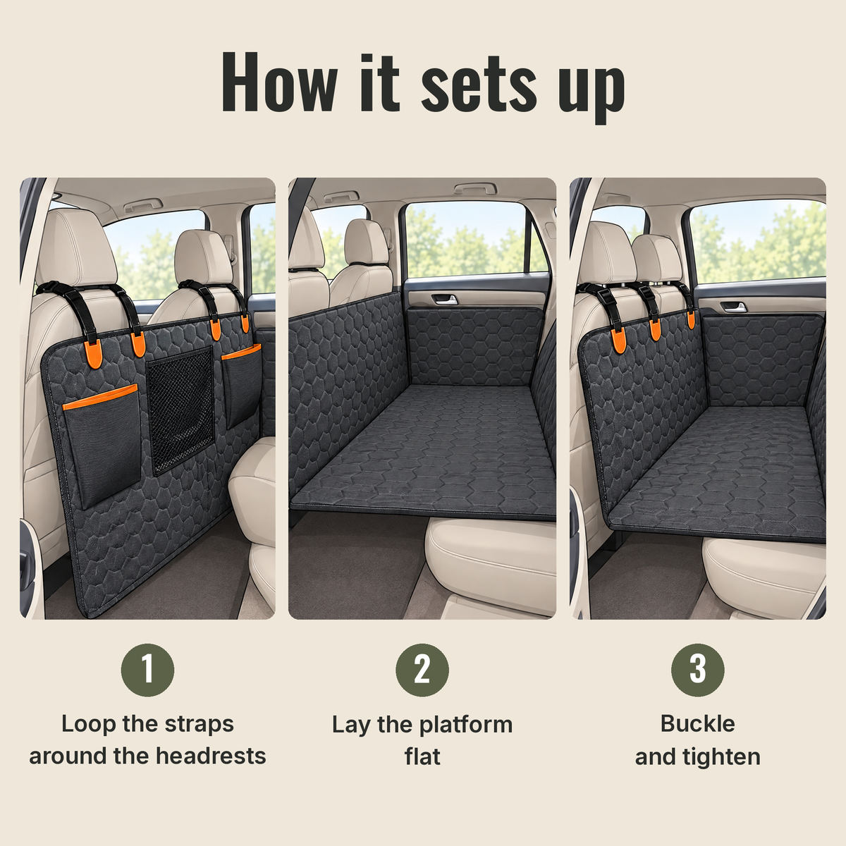 Setup: loop the straps around the headrests, lay the platform flat, buckle and tighten.