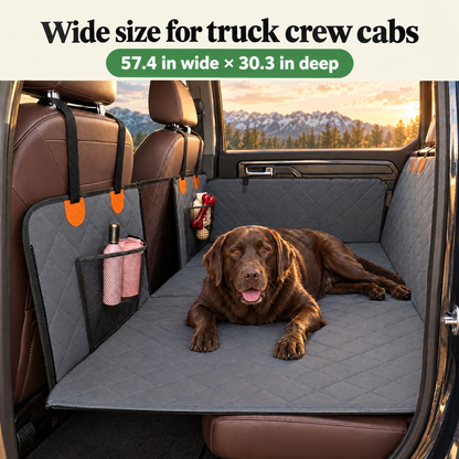 Wide size, 57.4 by 30.3 in, in a full-size pickup crew cab back seat.